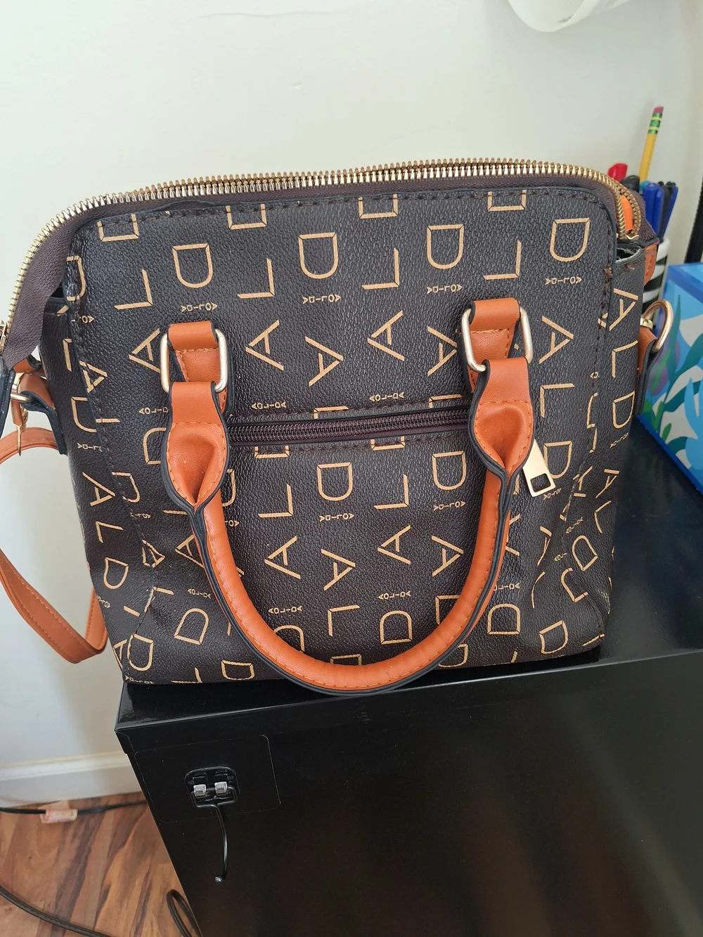 Brown Monogram Satchel Handbag with Tan Trim